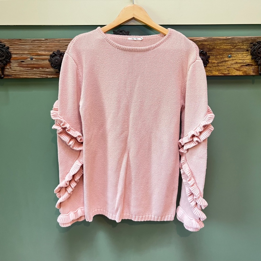 Tularosa Pink Ruffle Sleeve Knit Sweater Crew Neck Cotton Blend Small
